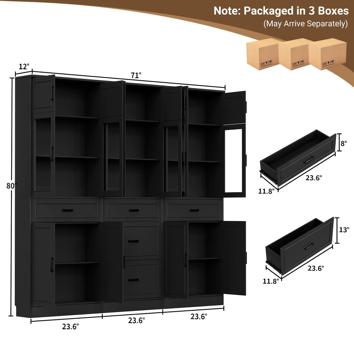 Farmhouse Storage Cabinet Bundle - 2-Pack 80" Tall Pantry Set + Single Tall Pantry Cabinet with Drawers, Space-Saving Design for Kitchen, Living Room & Bathroom