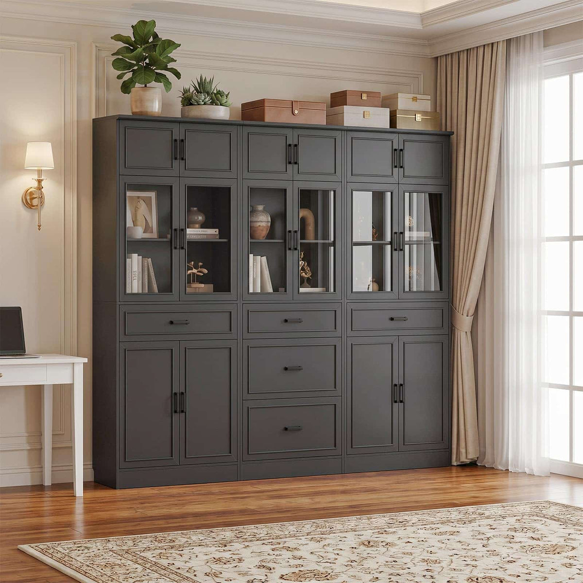 Farmhouse Storage Cabinet Bundle - 2-Pack 80" Tall Pantry Set + Single Tall Pantry Cabinet with Drawers, Space-Saving Design for Kitchen, Living Room & Bathroom