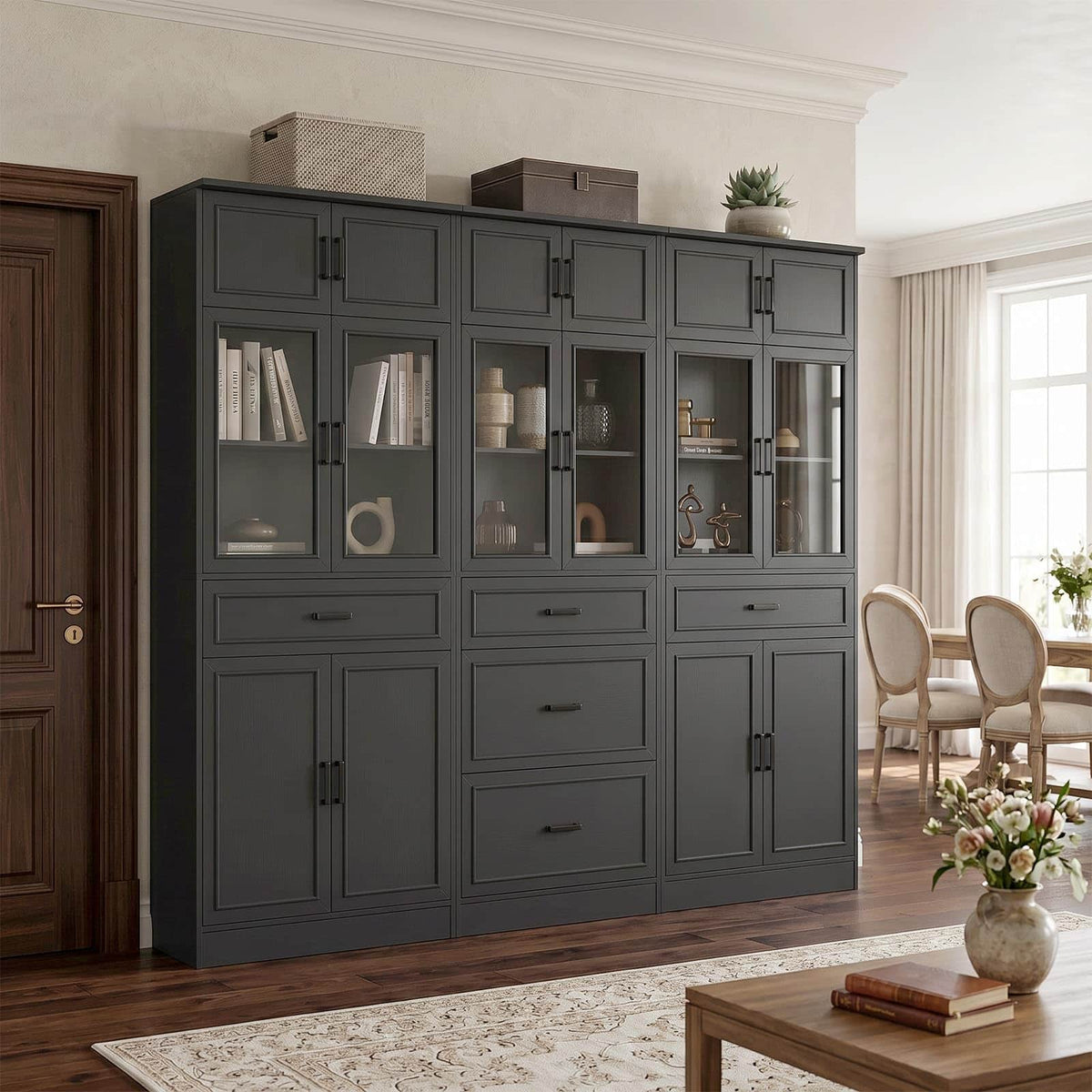 Farmhouse Storage Cabinet Bundle - 2-Pack 80" Tall Pantry Set + Single Tall Pantry Cabinet with Drawers, Space-Saving Design for Kitchen, Living Room & Bathroom
