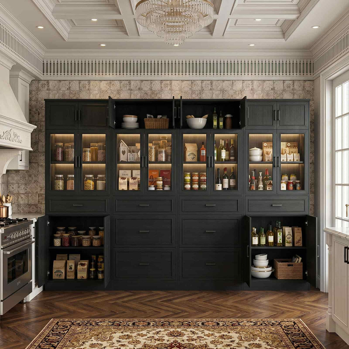 80" Tall Modular Bookshelf and Storage Cabinet Set with Glass Doors and Drawers