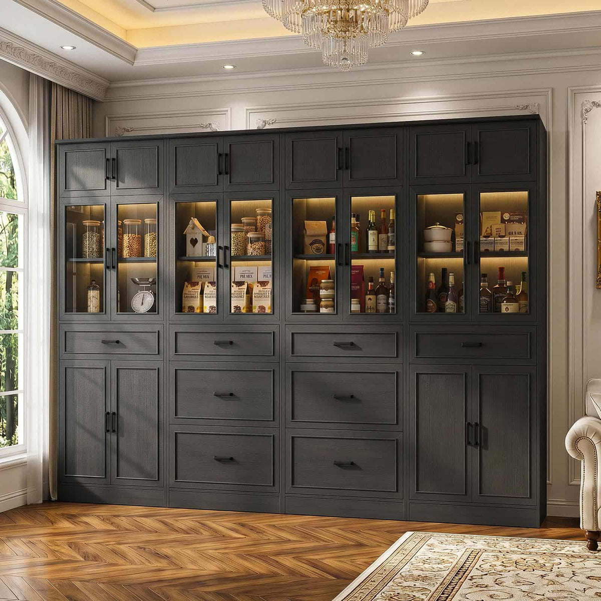 80" Tall Modular Bookshelf and Storage Cabinet Set with Glass Doors and Drawers