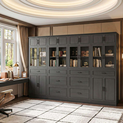 80" Tall Modular Bookshelf and Storage Cabinet Set with Glass Doors and Drawers
