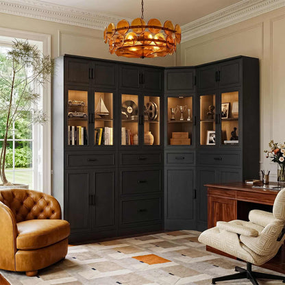 80" Tall Corner Bookcase & Storage Cabinet with Glass Doors - 4-Piece Storage Set for Home office, Dining & Living Room