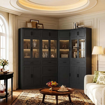 80" Tall Corner Bookcase & Storage Cabinet with Glass Doors - 4-Piece Storage Set for Home office, Dining & Living Room