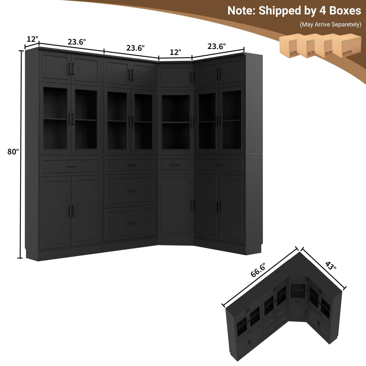 80" Tall Corner Bookcase & Storage Cabinet with Glass Doors - 4-Piece Storage Set for Home office, Dining & Living Room
