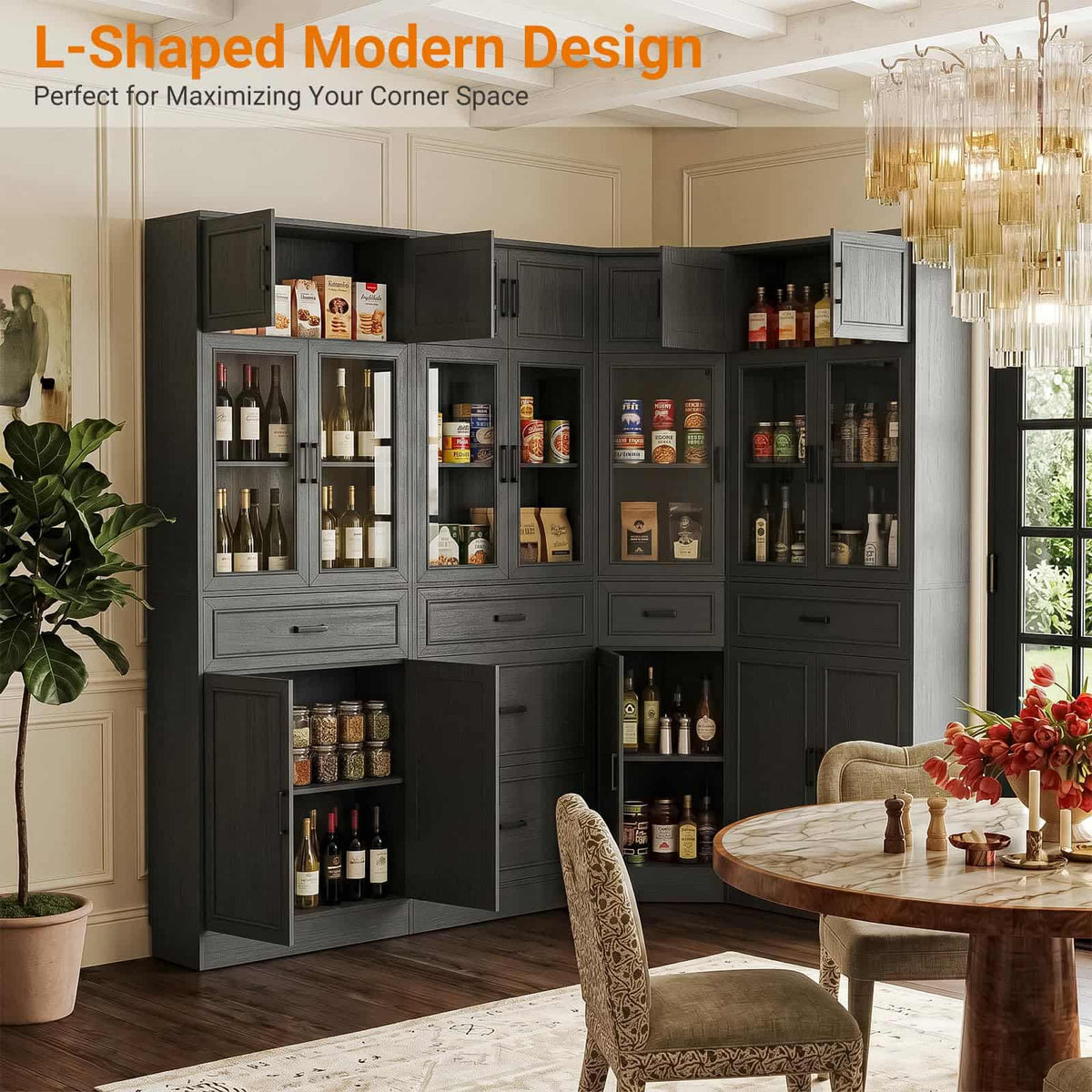 80" Tall Corner Bookcase & Storage Cabinet with Glass Doors - 4-Piece Storage Set for Home office, Dining & Living Room