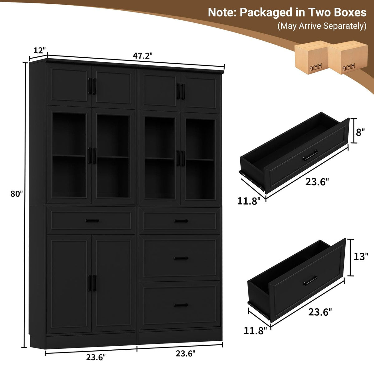 80" Tall Kitchen Pantry Cabinet Sets with Glass Doors, Adjustable Shelves & Drawers - Freestanding Storage Cupboard for Kitchen, Dining Room, Living Room, Bathroom