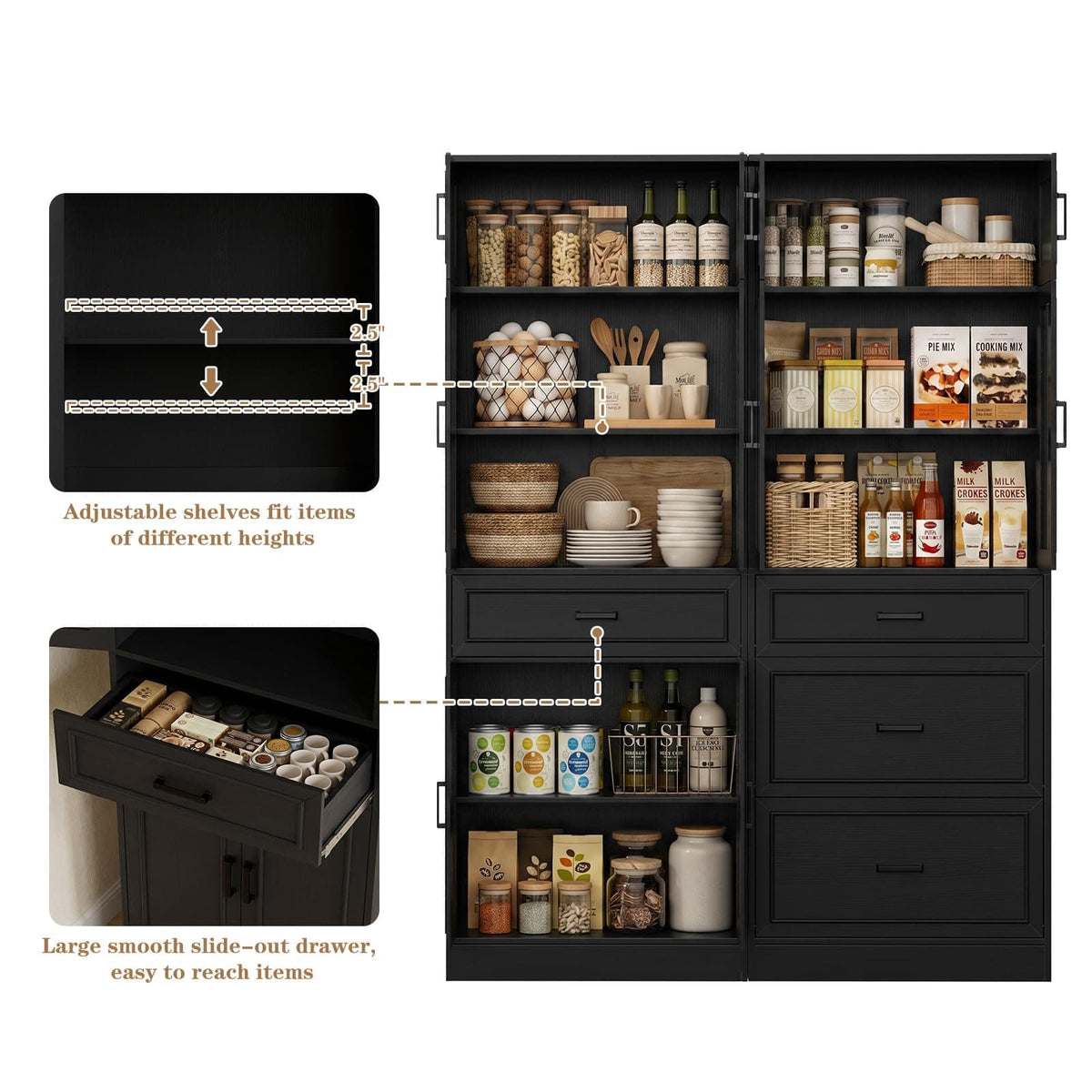80" Tall Kitchen Pantry Cabinet Sets with Glass Doors, Adjustable Shelves & Drawers - Freestanding Storage Cupboard for Kitchen, Dining Room, Living Room, Bathroom
