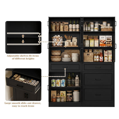 80" Tall Kitchen Pantry Cabinet Sets with Glass Doors, Adjustable Shelves & Drawers - Freestanding Storage Cupboard for Kitchen, Dining Room, Living Room, Bathroom