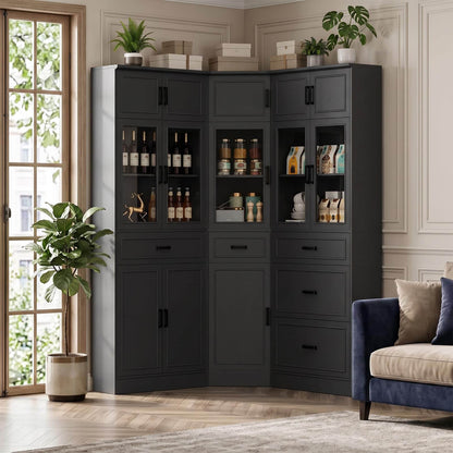 80" Farmhouse Corner Cabinet + Freestanding Pantry Set with Adjustable Shelves, Tempered Glass Doors, Versatile Storage for Living Room, Dining Room, Office