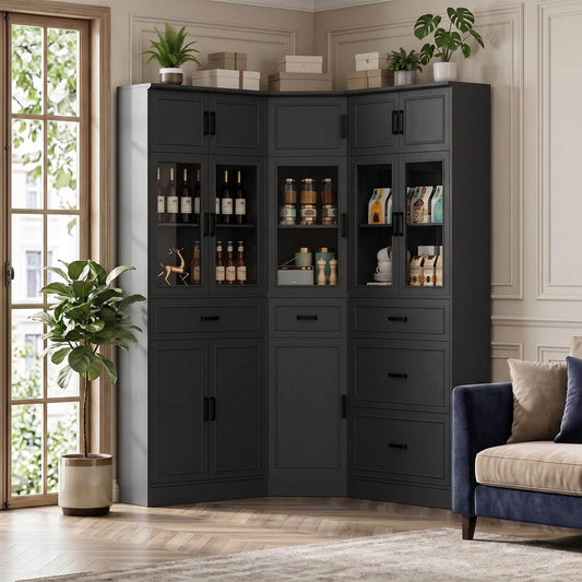 80" Farmhouse Corner Cabinet + Freestanding Pantry Set with Adjustable Shelves, Tempered Glass Doors, Versatile Storage for Living Room, Dining Room, Office