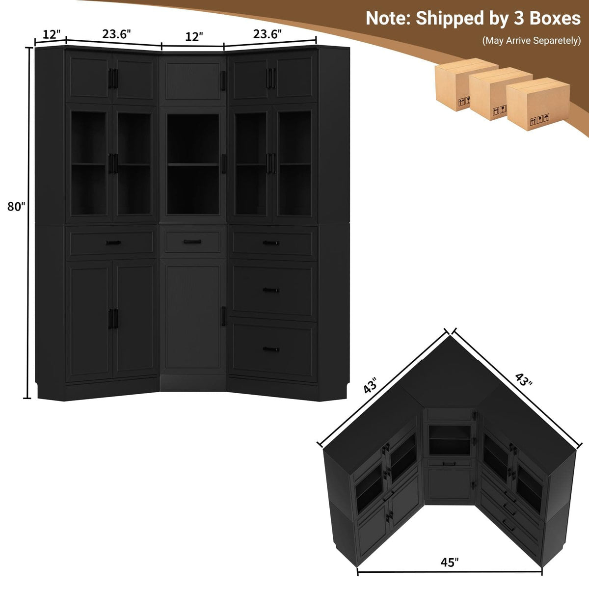 80" Farmhouse Corner Cabinet + Freestanding Pantry Set with Adjustable Shelves, Tempered Glass Doors, Versatile Storage for Living Room, Dining Room, Office