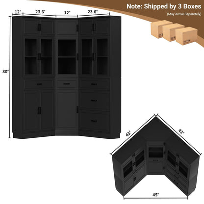 80" Farmhouse Corner Cabinet + Freestanding Pantry Set with Adjustable Shelves, Tempered Glass Doors, Versatile Storage for Living Room, Dining Room, Office