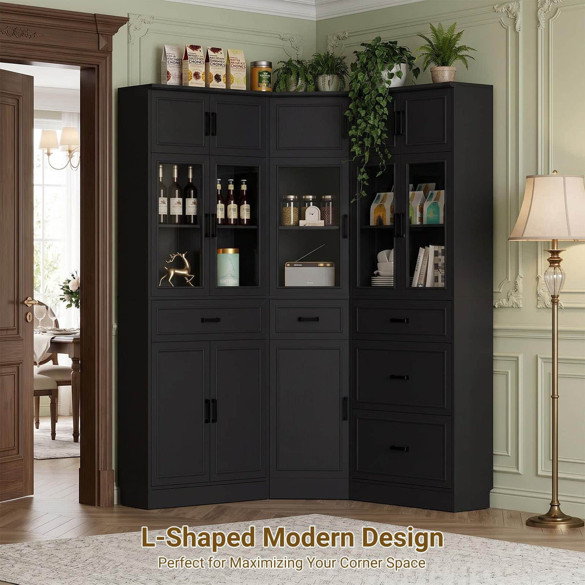 80" Farmhouse Corner Cabinet + Freestanding Pantry Set with Adjustable Shelves, Tempered Glass Doors, Versatile Storage for Living Room, Dining Room, Office