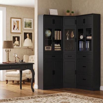 80" Farmhouse Corner Cabinet + Freestanding Pantry Set with Adjustable Shelves, Tempered Glass Doors, Versatile Storage for Living Room, Dining Room, Office