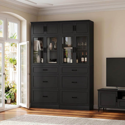 2-Pack 80" Tall Kitchen Pantry Storage Cabinets with Glass Doors, Adjustable Shelves & 3 Drawers - Versatile Black Storage Cupboards for Kitchen, Dining, Living Room & Bathroom