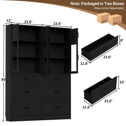 2-Pack 80" Tall Kitchen Pantry Storage Cabinets with Glass Doors, Adjustable Shelves & 3 Drawers - Versatile Black Storage Cupboards for Kitchen, Dining, Living Room & Bathroom