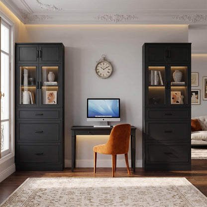 2-Pack 80" Tall Kitchen Pantry Storage Cabinets with Glass Doors, Adjustable Shelves & 3 Drawers - Versatile Black Storage Cupboards for Kitchen, Dining, Living Room & Bathroom