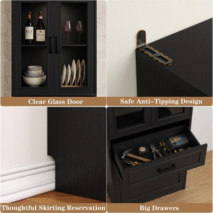 2-Pack 80" Tall Kitchen Pantry Storage Cabinets with Glass Doors, Adjustable Shelves & 3 Drawers - Versatile Black Storage Cupboards for Kitchen, Dining, Living Room & Bathroom