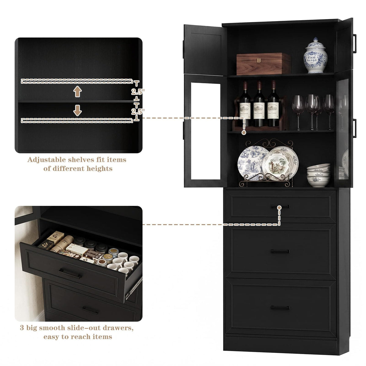 2-Pack 80" Tall Kitchen Pantry Storage Cabinets with Glass Doors, Adjustable Shelves & 3 Drawers - Versatile Black Storage Cupboards for Kitchen, Dining, Living Room & Bathroom