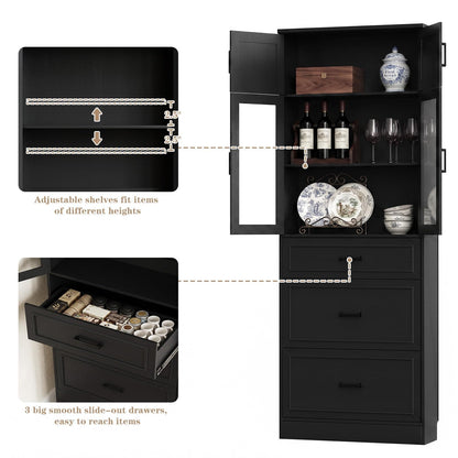 2-Pack 80" Tall Kitchen Pantry Storage Cabinets with Glass Doors, Adjustable Shelves & 3 Drawers - Versatile Black Storage Cupboards for Kitchen, Dining, Living Room & Bathroom