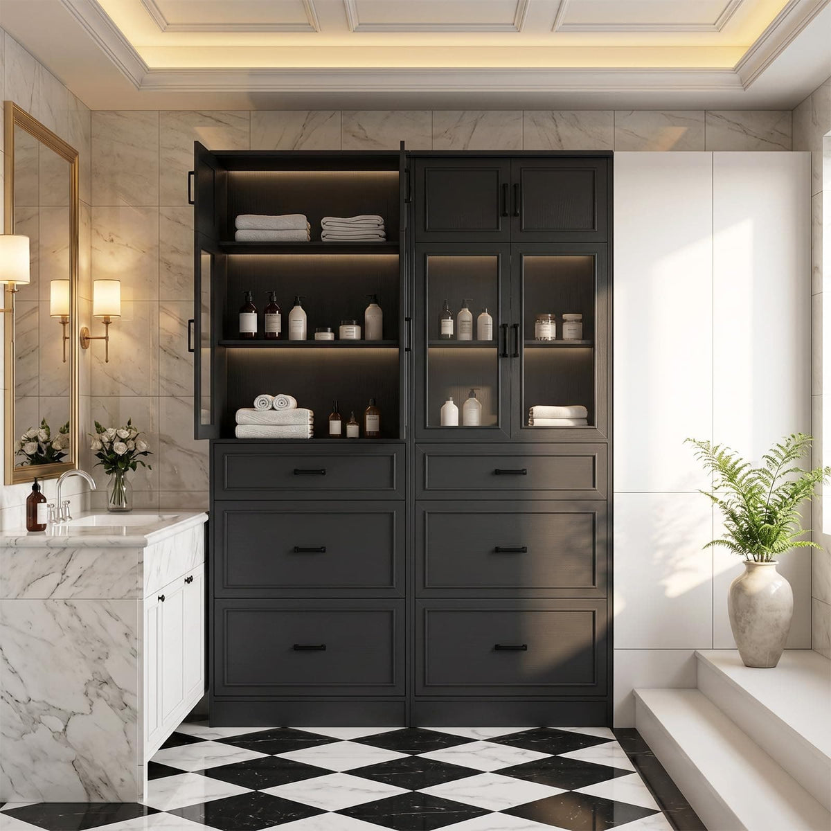 2-Pack 80" Tall Kitchen Pantry Storage Cabinets with Glass Doors, Adjustable Shelves & 3 Drawers - Versatile Black Storage Cupboards for Kitchen, Dining, Living Room & Bathroom