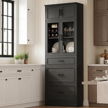 80" Tall Kitchen Pantry Cabinet with Glass Doors, 3 Drawers & Adjustable Shelves - Versatile Storage Cupboard for Kitchen, Dining, Living Room, Bathroom