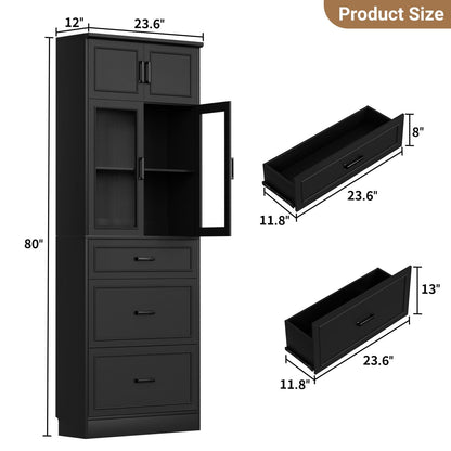 80" Tall Kitchen Pantry Cabinet with Glass Doors, 3 Drawers & Adjustable Shelves - Versatile Storage Cupboard for Kitchen, Dining, Living Room, Bathroom