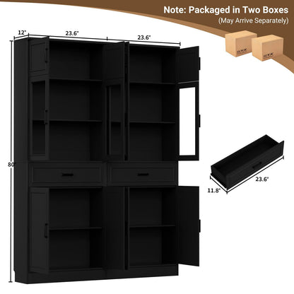 2-Pack 80"Tall Kitchen Pantry Cabinets - Freestanding Storage with Glass Doors, Adjustable Shelves & Drawer Organizer for Kitchen, Living Room, Bathroom