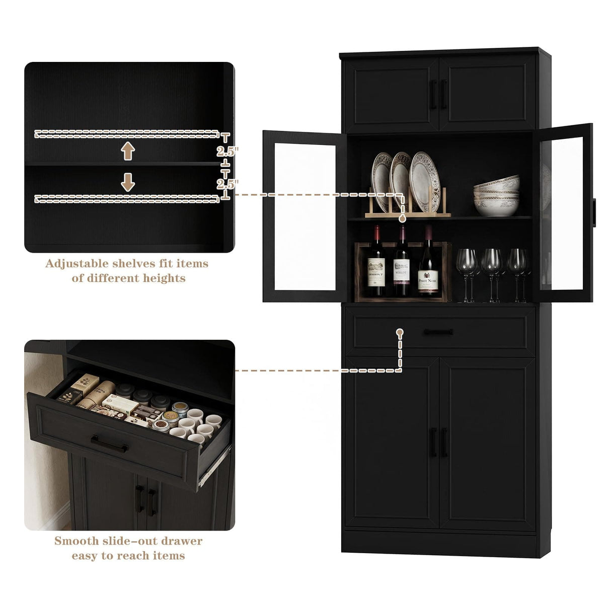 2-Pack 80"Tall Kitchen Pantry Cabinets - Freestanding Storage with Glass Doors, Adjustable Shelves & Drawer Organizer for Kitchen, Living Room, Bathroom
