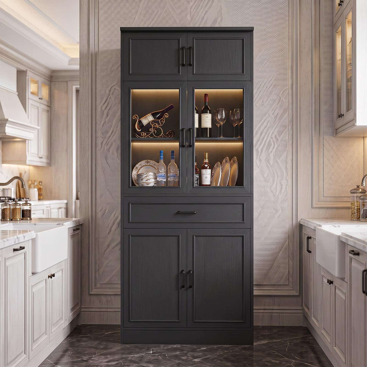 80" Tall Kitchen Pantry Storage Cabinet with Glass Doors, Adjustable Shelves & Drawer Organizer - Versatile Cupboard for Kitchen, Dining Room, Living Room, Bathroom