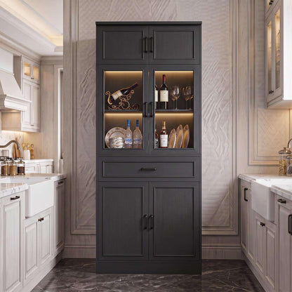 80" Tall Kitchen Pantry Storage Cabinet with Glass Doors, Adjustable Shelves & Drawer Organizer - Versatile Cupboard for Kitchen, Dining Room, Living Room, Bathroom