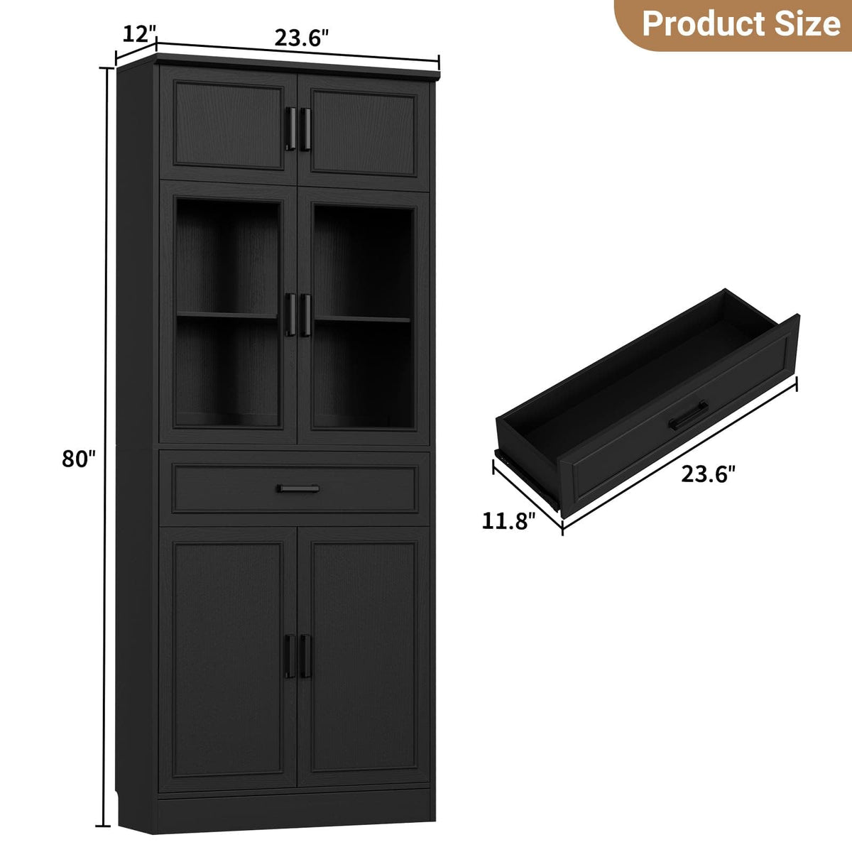 80" Tall Kitchen Pantry Storage Cabinet with Glass Doors, Adjustable Shelves & Drawer Organizer - Versatile Cupboard for Kitchen, Dining Room, Living Room, Bathroom