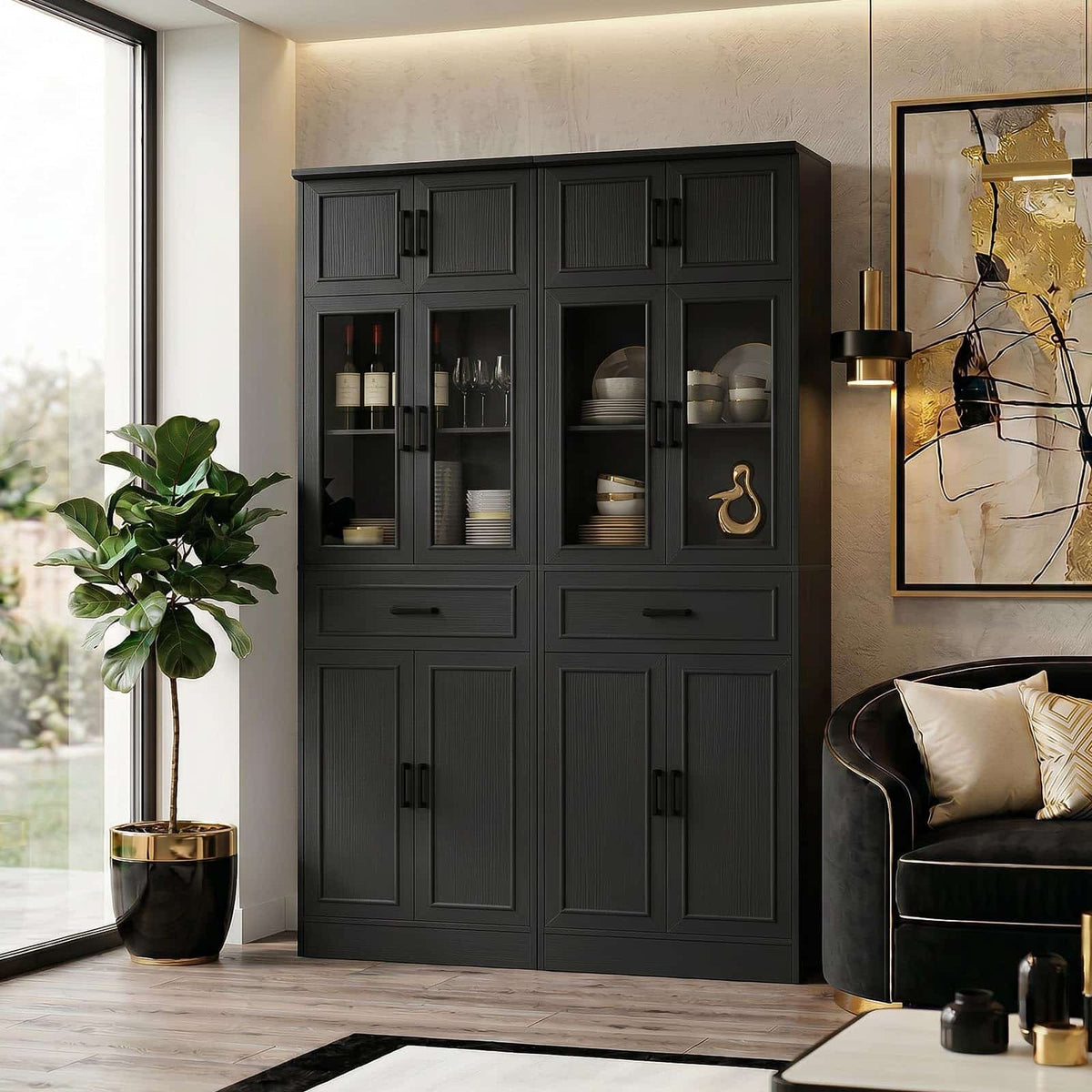 80" Tall Kitchen Pantry Storage Cabinet with Glass Doors, Adjustable Shelves & Drawer Organizer - Versatile Cupboard for Kitchen, Dining Room, Living Room, Bathroom