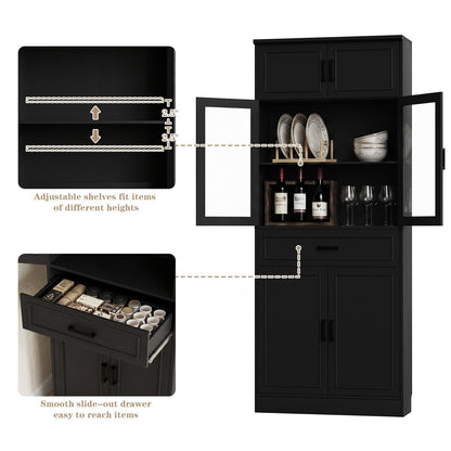 80" Tall Kitchen Pantry Storage Cabinet with Glass Doors, Adjustable Shelves & Drawer Organizer - Versatile Cupboard for Kitchen, Dining Room, Living Room, Bathroom