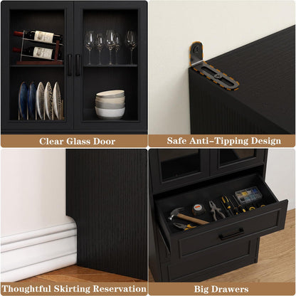 80" Tall Kitchen Pantry Storage Cabinet with Glass Doors, Adjustable Shelves & Drawer Organizer - Versatile Cupboard for Kitchen, Dining Room, Living Room, Bathroom