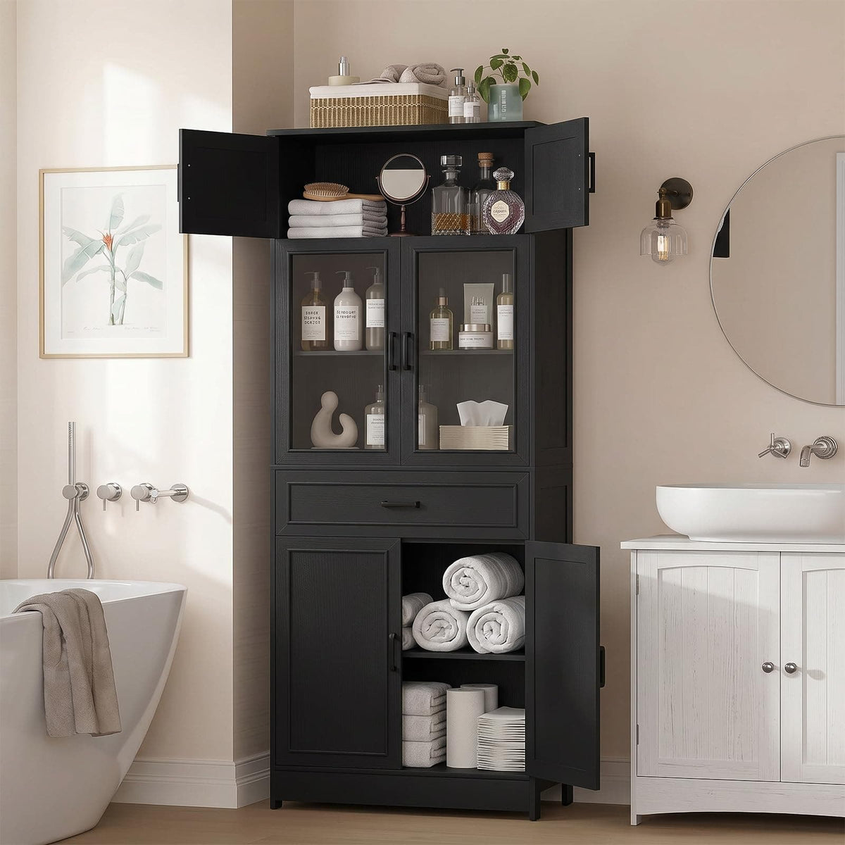 80" Tall Kitchen Pantry Storage Cabinet with Glass Doors, Adjustable Shelves & Drawer Organizer - Versatile Cupboard for Kitchen, Dining Room, Living Room, Bathroom