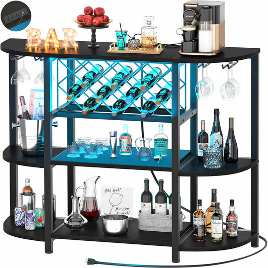 4-Tier Wine Bar Cabinet with Power Outlets & LED Lights