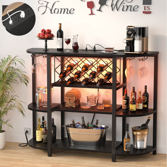 4-Tier Wine Bar Cabinet with Power Outlets & LED Lights