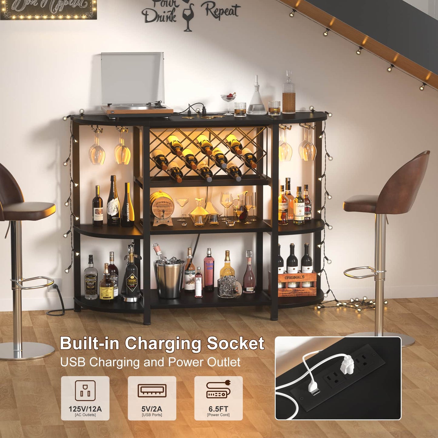 4-Tier Wine Bar Cabinet with Power Outlets & LED Lights