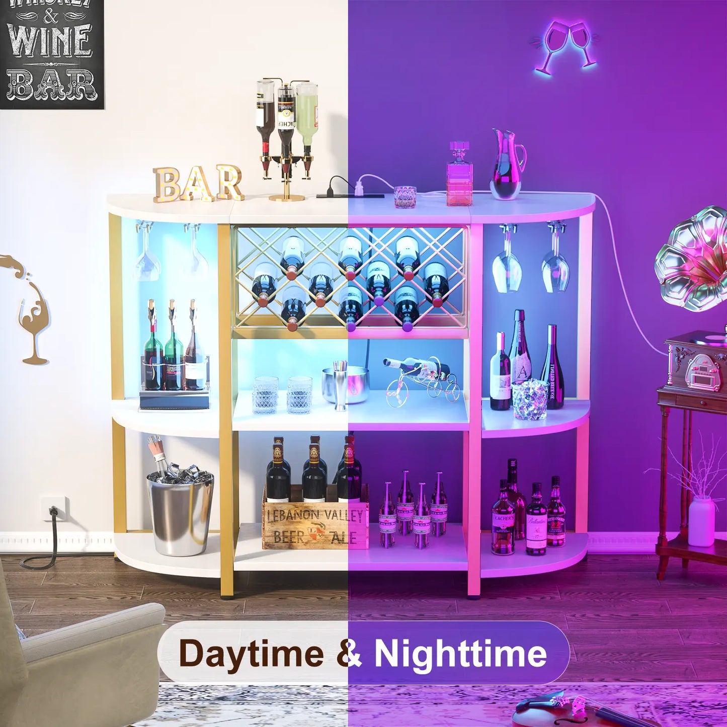 4-Tier Wine Bar Cabinet with Power Outlets & LED Lights