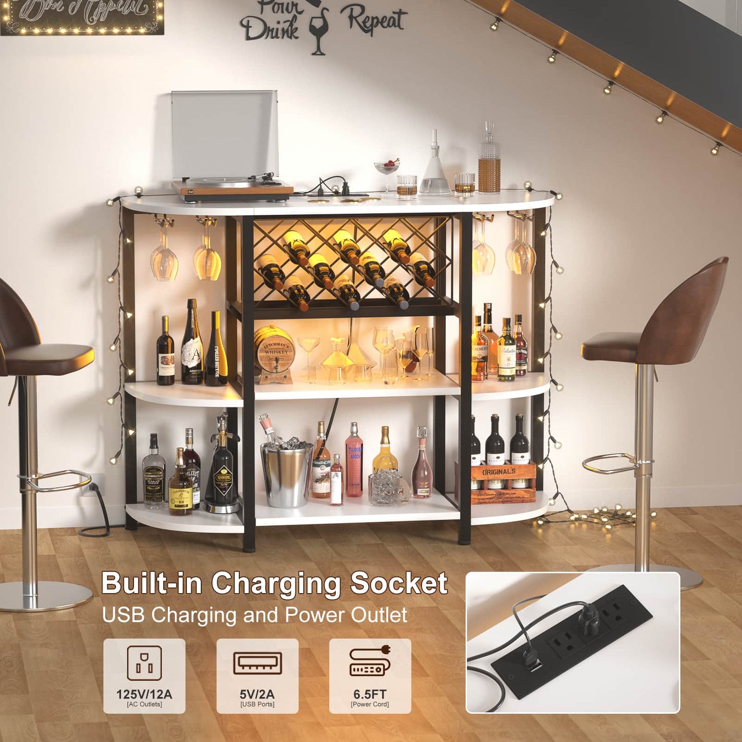 4-Tier Wine Bar Cabinet with Power Outlets & LED Lights