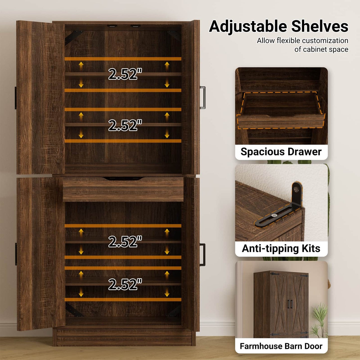 71'' Tall Farmhouse Kitchen Pantry Cabinet with Drawer and Adjustable Shelves, 2 Packs