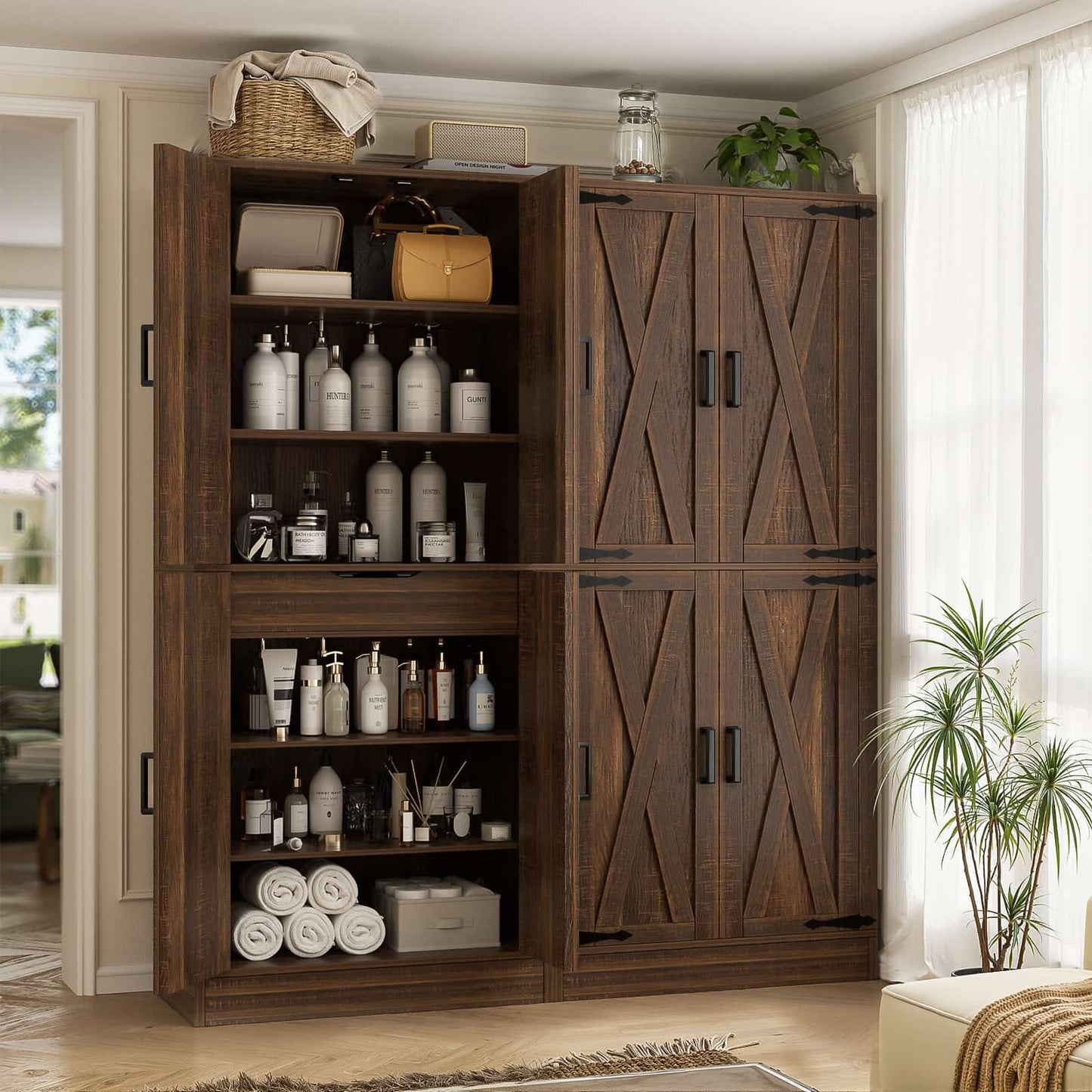 71'' Tall Farmhouse Kitchen Pantry Cabinet with Drawer and Adjustable Shelves, 2 Packs