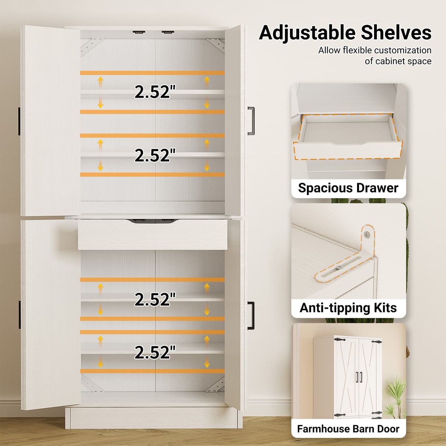 71'' Tall Farmhouse Kitchen Pantry Cabinet with Drawer and Adjustable Shelves, 2 Packs