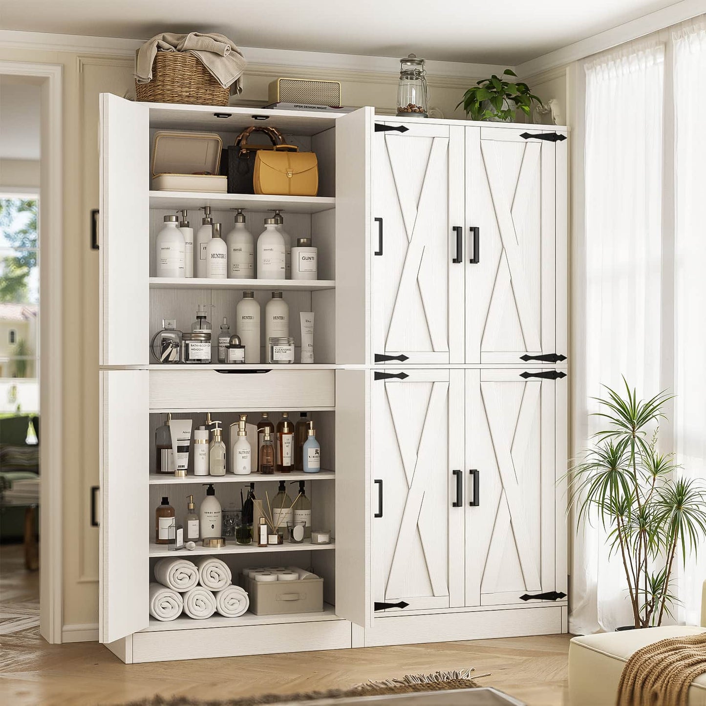 71'' Tall Farmhouse Kitchen Pantry Cabinet with Drawer and Adjustable Shelves, 2 Packs