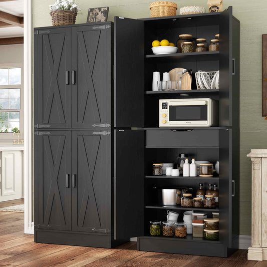 71'' Farmhouse Kitchen Pantry Storage Cabinet with 4 Barn Doors and Drawer