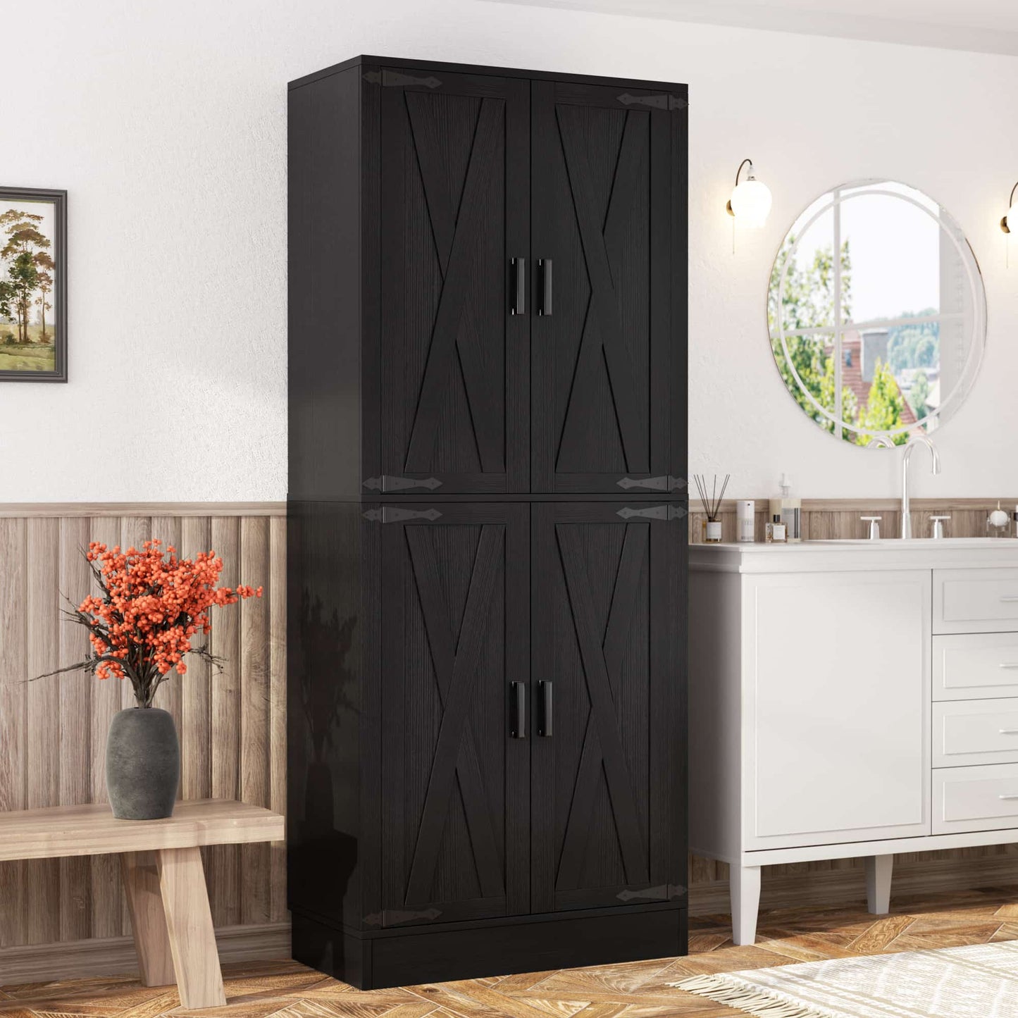 71'' Tall Farmhouse Bathroom Storage Cabinet, 7-Tier Linen Cabinet with Drawer & Adjustable Shelves