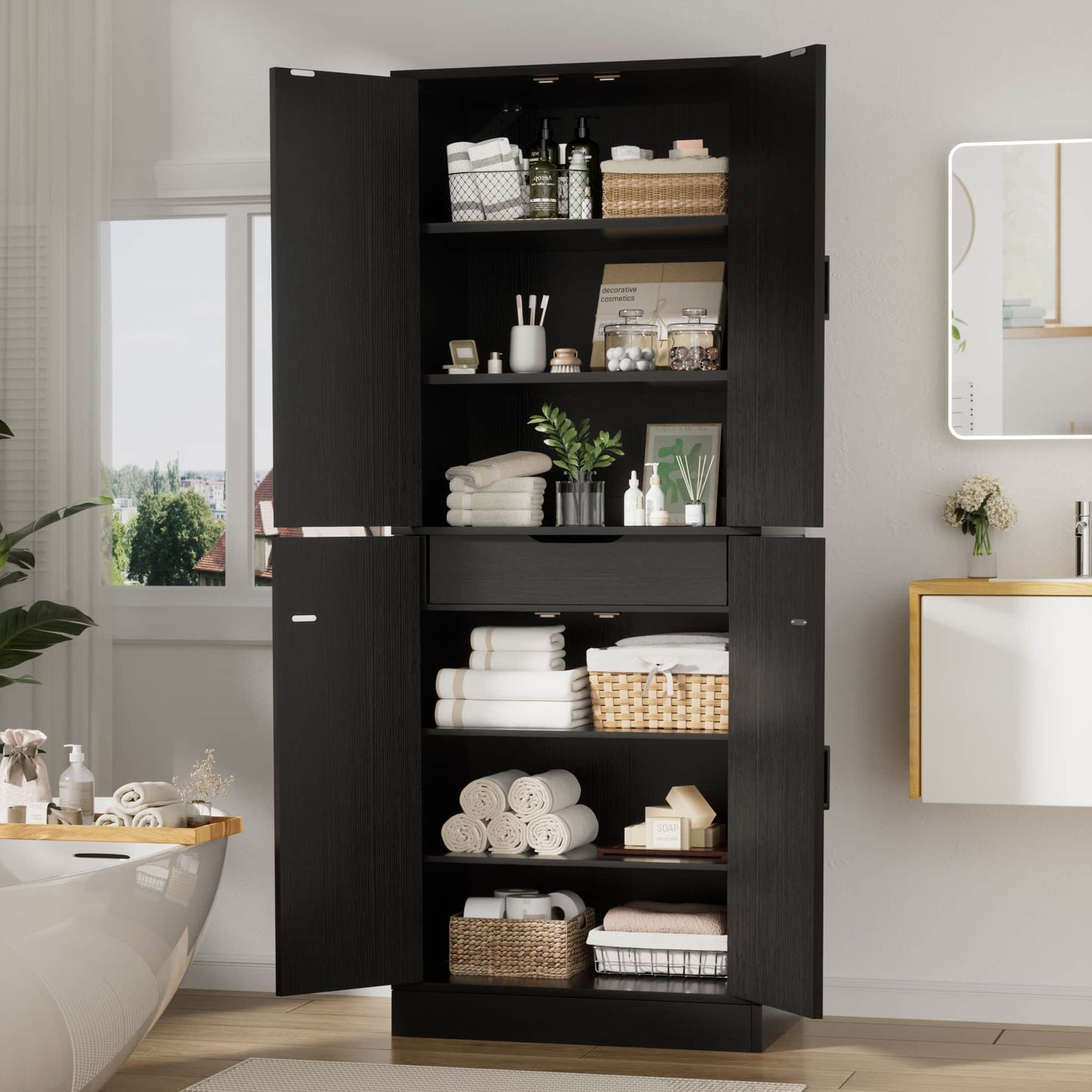 71'' Tall Farmhouse Bathroom Storage Cabinet, 7-Tier Linen Cabinet with Drawer & Adjustable Shelves