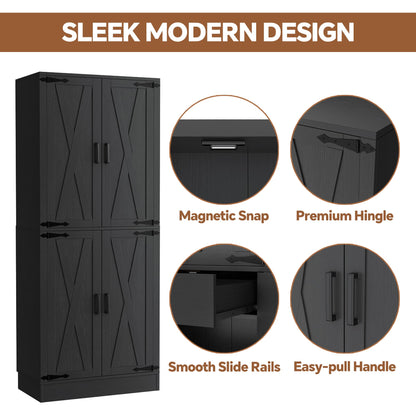 71'' Farmhouse Kitchen Pantry Storage Cabinet with 4 Barn Doors and Drawer